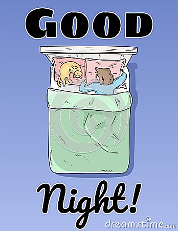 Good Night postcard. Girl sleeping peacefully in her bed poster Vector Illustration