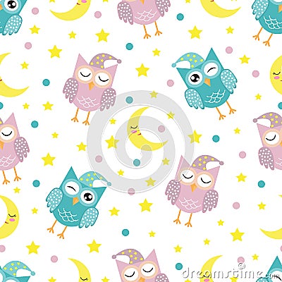 Good Night seamless pattern with cute sleeping owls, moon, stars and clouds. Sweet dreams background. Vector illustration Cartoon Illustration