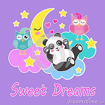 Good night and sweet dreams card with sleeping owls, cute panda bear, clouds, moon and stars. Vector illustration. Eps Vector Illustration