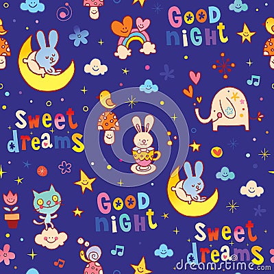 Good night sweet dreams kids seamless pattern Vector Illustration