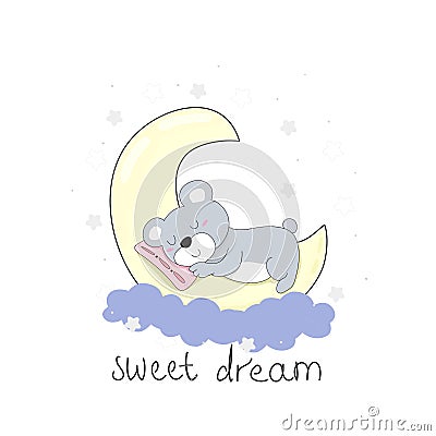 Good night vector card with bear sleep on the moon Vector Illustration