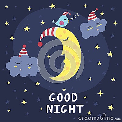 Good night vector card with the cute sleeping moon, clouds and a bird Vector Illustration