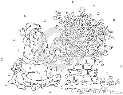 Santa by a chimney full of delicious food and presents Vector Illustration