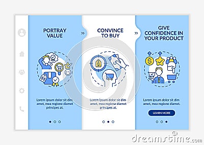 Good pricing strategy characteristics blue and white onboarding template Vector Illustration