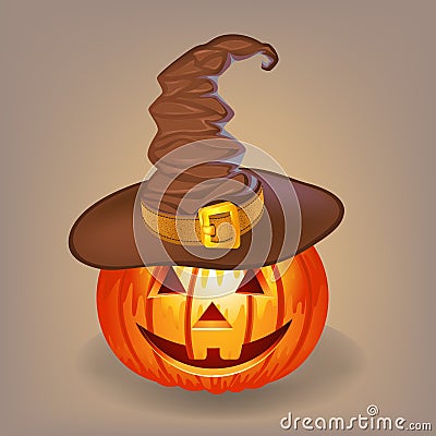 Good pumpkin in a witch hat for Halloween Vector Illustration