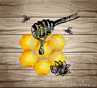 Texture Watercolor, Icons Honey Bank Bee Ink Vector Illustration