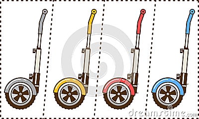 Good Set of two-wheeled self-balanced electric hoverboards of different colors Segway isolated on white background. Vector Illustration