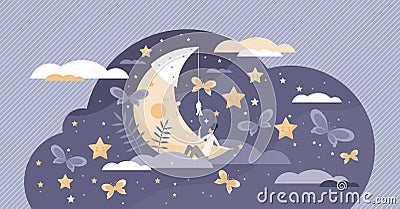 Good sleep scene with cute moon in sweet dreams fantasy tiny person concept Vector Illustration