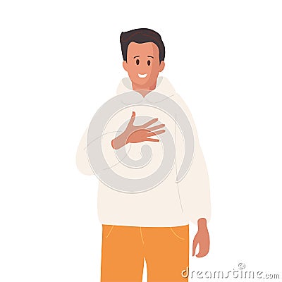 Good smiling man standing and expressing gratitude position. Consent and Gratitude Gesture. Young Caucasian man standing Vector Illustration