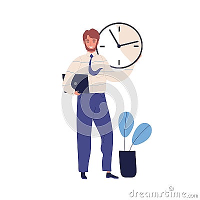 Good time management, scheduling concept. Successful task planning, work effectiveness. Office manager, happy man Vector Illustration