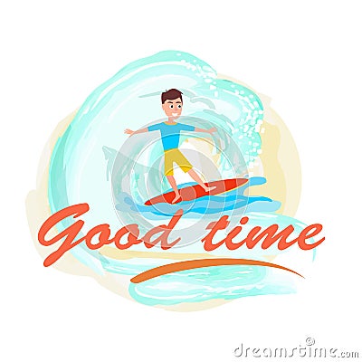 Good Time Poster Surfing Sport Activity and Boy Vector Illustration