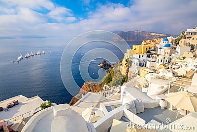 Good vacation. Panoramic view of Santorini. The famous town of Oia in the morning Stock Photo