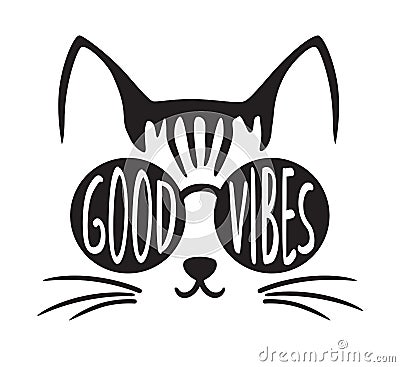 Good Vibes Kitty Cat Face with Sunglasses Vector Illustration