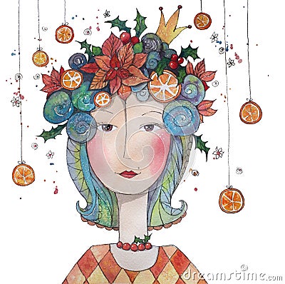 Goodbye Winter Princes with holly, oranges and poinsettias. Cartoon Illustration