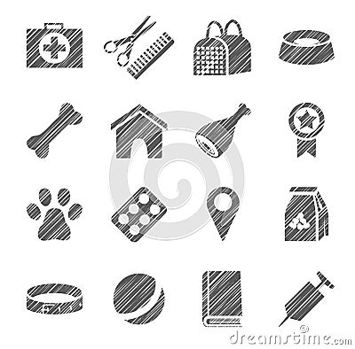 Pet products, icons, grey, shading with pencil, vector. Vector Illustration