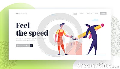 Goods Shipping and Order Service Landing Page Template. Businessman Sign Bill for Getting Parcel from Delivery Courier Vector Illustration