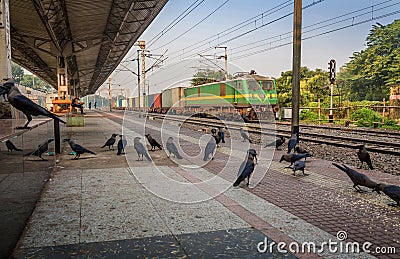 Goods train passes a deserted Indian railway station early morning. Stock Photo