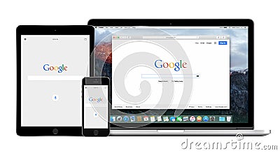 Google app on the Apple iPhone iPad and Apple Macbook Pro Retina Editorial Stock Photo