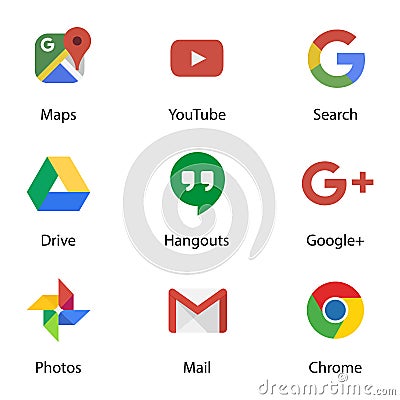 Google applications symbols. Official logotypes of Google Apps. Kyiv, Ukraine - May 10, 2020 Vector Illustration