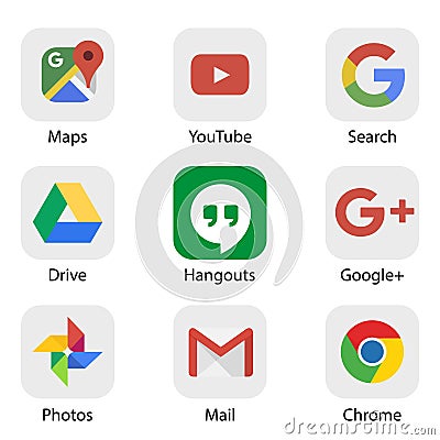 Google applications symbols. Official logotypes of Google Apps. Kyiv, Ukraine - May 24, 2020 Vector Illustration