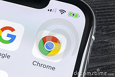 Google Chrome application icon on Apple iPhone X screen close-up. Google Chrome app icon. Google Chrome application. Social media Editorial Stock Photo