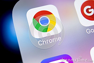 Google Chrome application icon on Apple iPhone X screen close-up. Google Chrome app icon. Google Chrome application. Social media Editorial Stock Photo