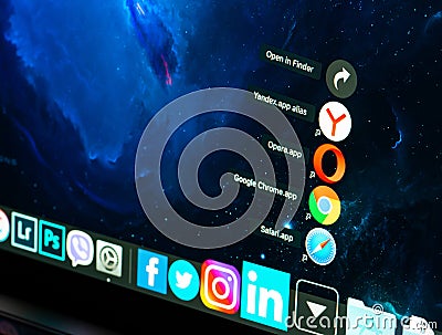 Google Chrome, Safari, Opera and Yandex browser icons of applications in dock of macbook on space background. Stack of browsers Editorial Stock Photo