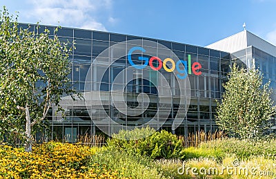 Google Corporate Headquarters and Logo Editorial Stock Photo