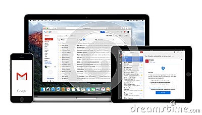 Google Gmail app on Apple iPhone iPad and Macbook Pro displays Editorial Stock Photo