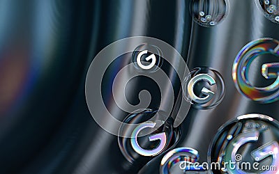 Google icon inside bubble glass geometric shapes on colorful abstract dark background Editorial Stock Photo