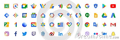 Google LLC. Apps from Google. Official logotypes of Google Apps. Instagram, Facebook, TikTok, Zoom, Snapchat, Twitter etc- popular Vector Illustration