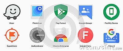 Google LLC. Apps from Google. Waze Local, PhotoScan, Play Protect, Groups, Find My Device, Expeditions, Authenticator, Chrome Vector Illustration