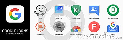 Google LLC. Apps from Google. Waze Local, PhotoScan, Play Protect, Groups, Find My Device, Expeditions, Authenticator, Chrome Vector Illustration