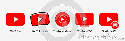 Google LLC. Official logotypes of Youtube Apps. Youtube, youtube kids, YouTube Music, YouTube TV, YouTube VR. Kyiv, Ukraine - Vector Illustration