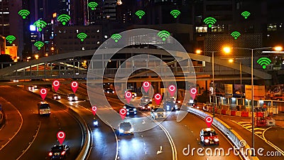 Google map symbol and wifi symbol appears on vehicles that use the application map GPS on blurred of the streets in the capital. Stock Photo