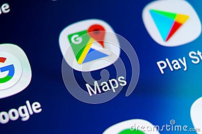 Google Maps application icon on Samsung Galaxy S9 screen close-up. Google Maps icon. Google maps application. Social media network Editorial Stock Photo