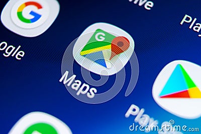 Google Maps application icon on Samsung Galaxy S9 screen close-up. Google Maps icon. Google maps application. Social media network Editorial Stock Photo