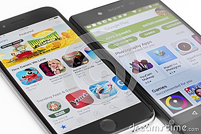 Google Play and Apple App Store Editorial Stock Photo