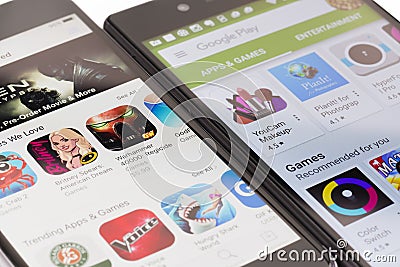 Google Play and Apple App Store Editorial Stock Photo