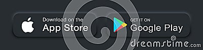 Google Play Store and Apple App Store buttons with realistic shadows on a dark background. Neomorphism design. Vector illustration Vector Illustration