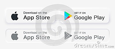 Google Play Store and Apple App Store buttons with realistic shadows. State: Normal, Active, Hover. Neomorphism design. Vector Vector Illustration