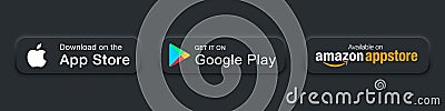 Google Play Store, Apple App Store and Amazon Appstore buttons with realistic shadows on a dark background. Neomorphism design. Vector Illustration