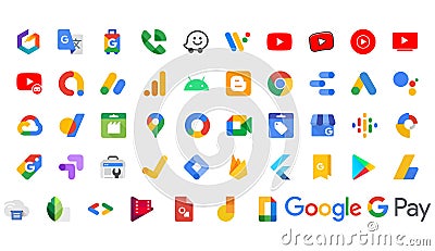 Google products applications logo on a white background. Google icons collections. Editorial Stock Photo