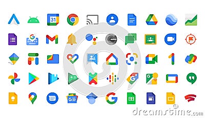 Google products applications logo on a white background. Google icons collections. Editorial Stock Photo