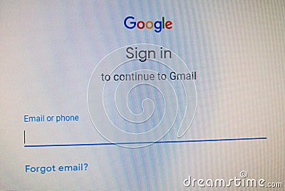 Google sign in website. Continue to Gmail with phone or username, password. Editorial Stock Photo
