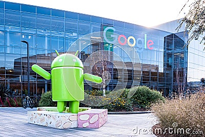 Googleplex - Google Headquarters with Android figure Editorial Stock Photo