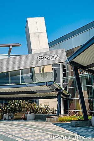 Googleplex office in Silicon Valley. Huge Google sign, Android robot sculpture and main Google office. Editorial Stock Photo