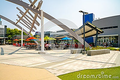 Googleplex office in Silicon Valley. Huge Google sign, Android robot sculpture and main Google office. Editorial Stock Photo