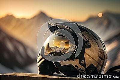 googles and helmet reflecting the winter landscape Stock Photo