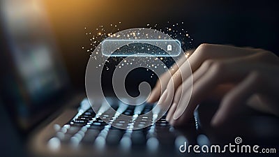 Googling Typing Words on a High Tech Holographic Computer Laptop Notebook Keyboard to Look Up, Google, Research, Search Engine Bar Stock Photo